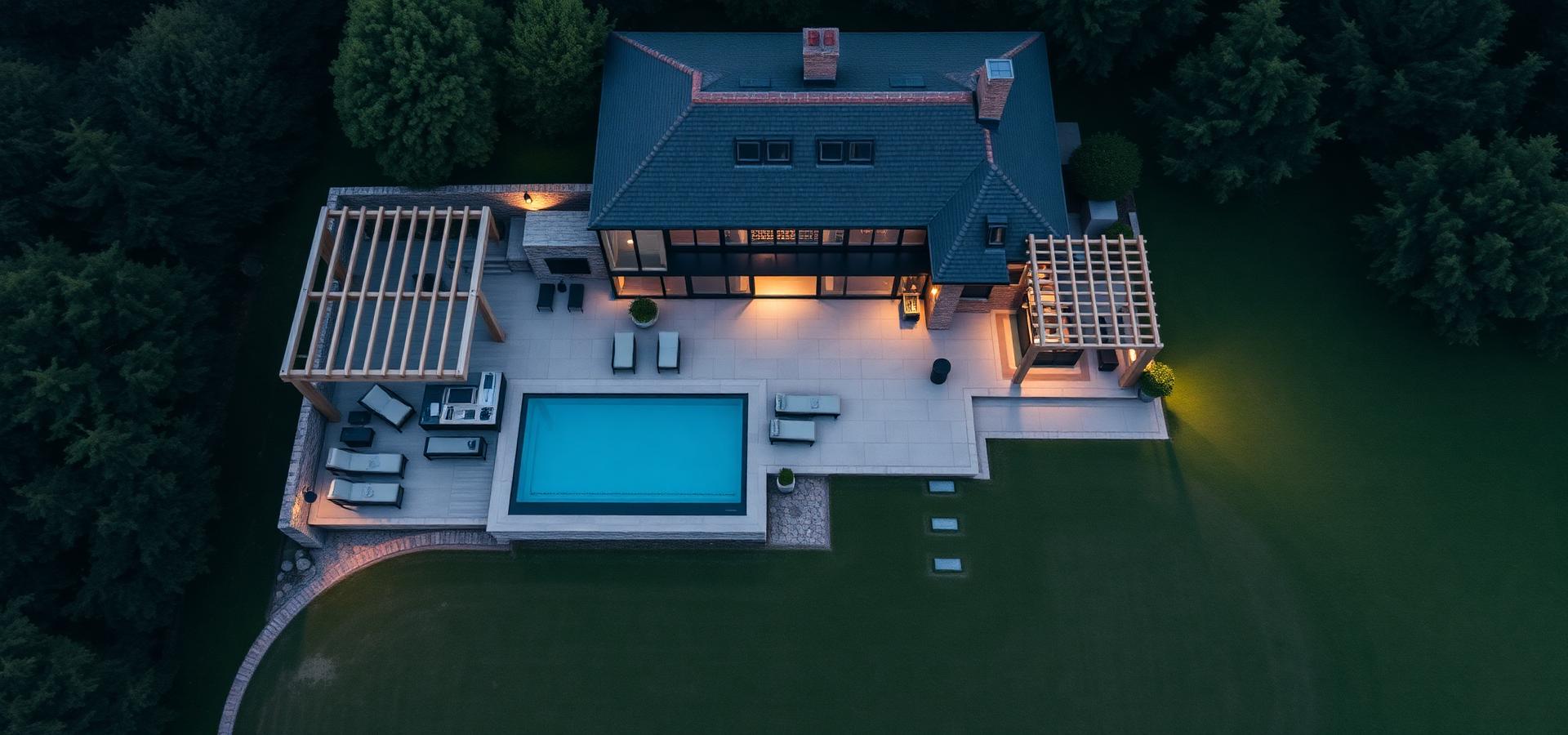 Aerial view of a completed luxury outdoor living project